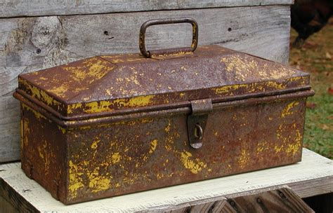 old metal box painted tan|Antique Painted Metal Box .